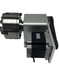 Shop Ready CNC Fourth Axis Rotary Indexer With 130Mm Four Jaw Chuck And Plug And Play Nema34 Stepper Motor side view of rotary indexer and motor.
