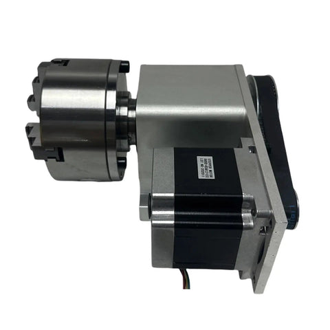 Shop Ready CNC Fourth Axis Rotary Indexer With 130Mm Four Jaw Chuck And Plug And Play Nema34 Stepper Motor side view of rotary indexer and motor.