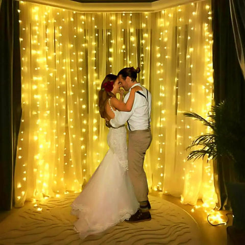 Fairy Curtain Lights 300 LED Warm White Window Curtain String Light, 9.8 ft by 9.8 ft, indoor wedding backdrop, glowing ambiance
