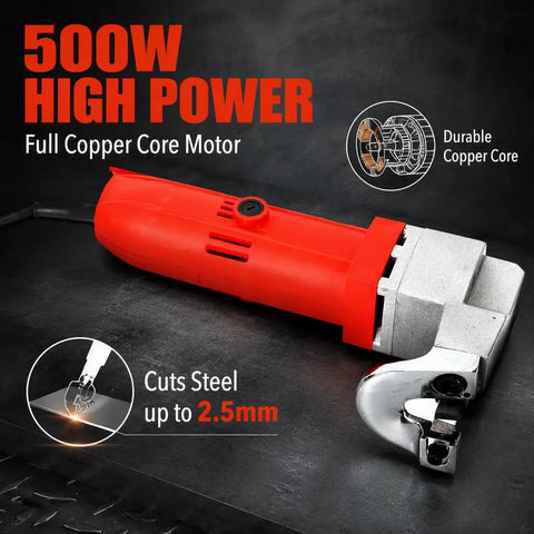 Heavy-Duty Electric Metal Shears With Lightweight Tin Snips Cutter For Thin Plates And Sheet Metal featuring 500W full copper core motor.