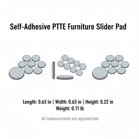 Diagram of No-Slip PTFE Furniture Sliders with adhesive backing, showing 0.63 inch round glide pads for hardwood floors