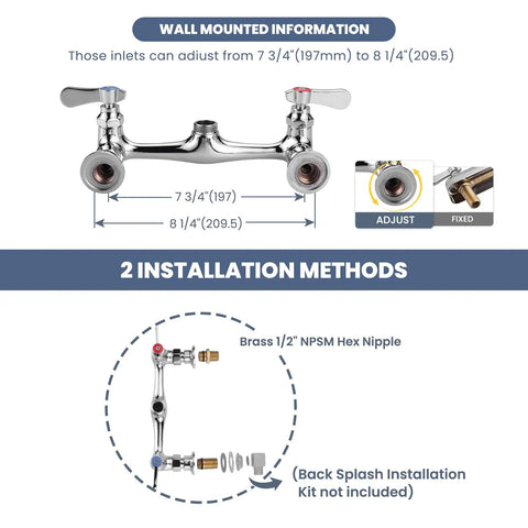 Built Tough Commercial Sink Faucet With Eight Inch Swivel Spout And Dual Brass Handles For Laundry Or Restaurant Setup Featuring No Sweat Install And Slick Chrome Finish installation details diagram