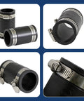 Heavy Duty Flexible PVC Pipe Coupling With Corrosion Resistant Stainless Clamps For 1.6 Inch Inner Diameter shown from different angles.