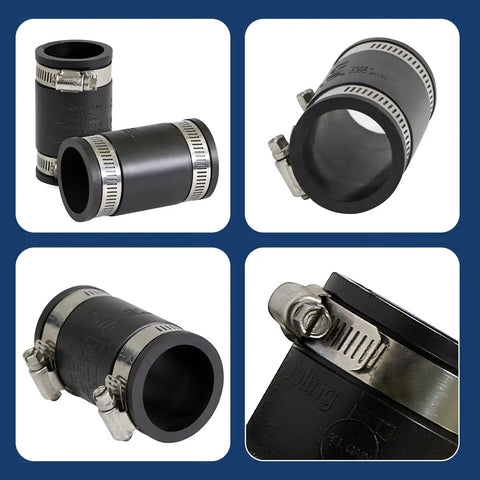Heavy Duty Flexible PVC Pipe Coupling With Corrosion Resistant Stainless Clamps For 1.6 Inch Inner Diameter shown from different angles.