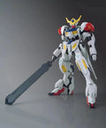 Gundam Barbatos Lupus HG 1/144 Model Kit No Glue Snap Fit Build With Four Color Runner, standing with sword, high detail view.
