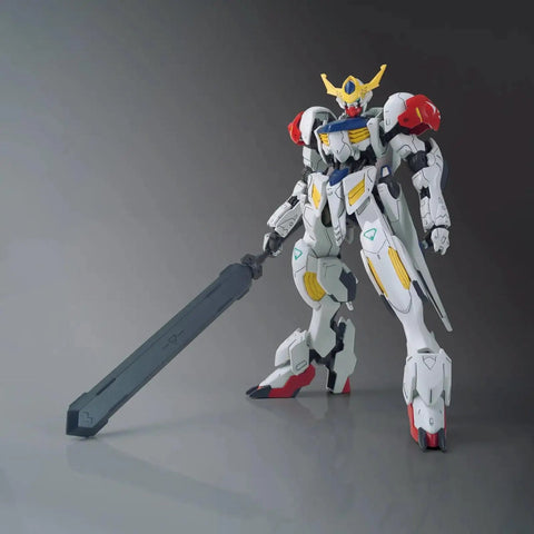Gundam Barbatos Lupus HG 1/144 Model Kit No Glue Snap Fit Build With Four Color Runner, standing with sword, high detail view.