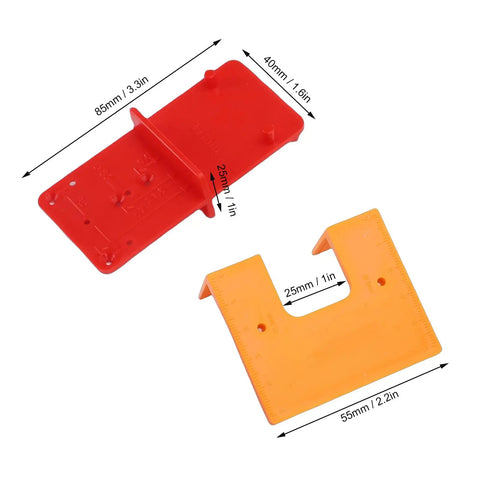 Door Jamb Hinge Jig Kit With Thickened Mounting Plates For Quick, No Hassle Hinge Install, Magnetic Limit Plate With Drill Locator Pencil, Delivers Precise 2mm Positioning For Fast, Clean Cabinet Or Door Setup, red and orange connectors, with measurements.