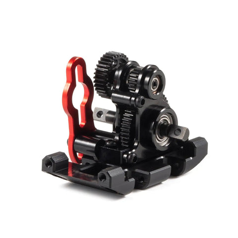 Pro Grade NOD-24 Transmission For SCX24 AX24 Builds With Low CG Motor Mount, black gearbox, side view, no upper link mounts.