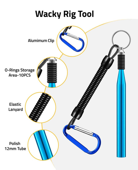 Ultimate Wacky Worm Kit For Bass Fishing With 180 Soft Plastic Lures, Wacky rig tool with blue aluminum clip and elastic lanyard