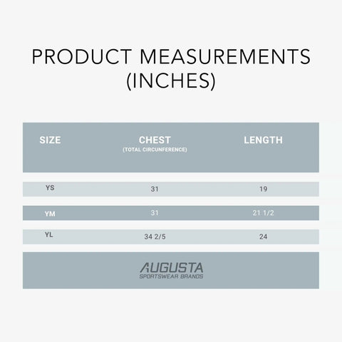Size chart for Augusta Sportswear youth jerseys, detailing chest and length measurements for sizes YS, YM, and YL in inches.