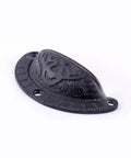 Antique Black Cast Iron Cup Bin Handles with heavy duty craftsmanship, 3.7 x 1.5 inches, for vintage cabinetry refresh.