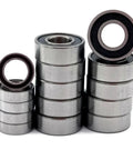Stack of Rubber Sealed RC Ball Bearings Kit 5x8x2.5mm And 5x11x4mm for One Tenth Scale RC Cars, showcasing stainless steel finish.