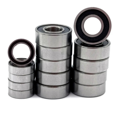 Stack of Rubber Sealed RC Ball Bearings Kit 5x8x2.5mm And 5x11x4mm for One Tenth Scale RC Cars, showcasing stainless steel finish.