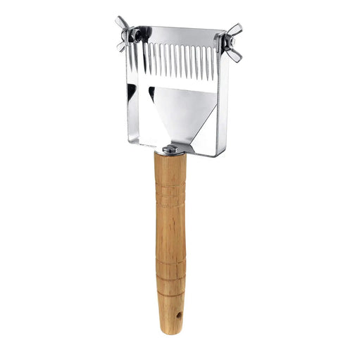 Adjustable Honey Uncapping Fork with stainless steel blade and wooden handle for beekeeping enthusiasts, quick honey harvest.