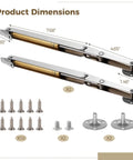 250N Heavy Duty Soft Close Lid Supports Hinge for Wooden Boxes and Chests displayed with product dimensions and screws