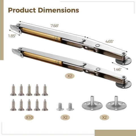 250N Heavy Duty Soft Close Lid Supports Hinge for Wooden Boxes and Chests displayed with product dimensions and screws