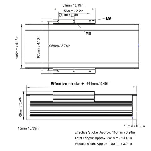 Sturdy Electric Linear Rail Guide For Race Scene With 100mm Rail dimensions diagram showing 105mm x 341mm size and aviation aluminum build.