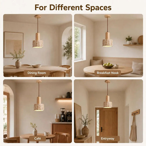 Wood Pendant Light with Natural Travertine Shade, Mini E27 Socket Droplight in dining room and entryway settings.