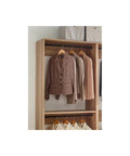 Custom Walk In Closet System With Sturdy Wooden Drawers And Flexible Shelves Modular Wardrobe Organizer featuring hanging blazers on rods.