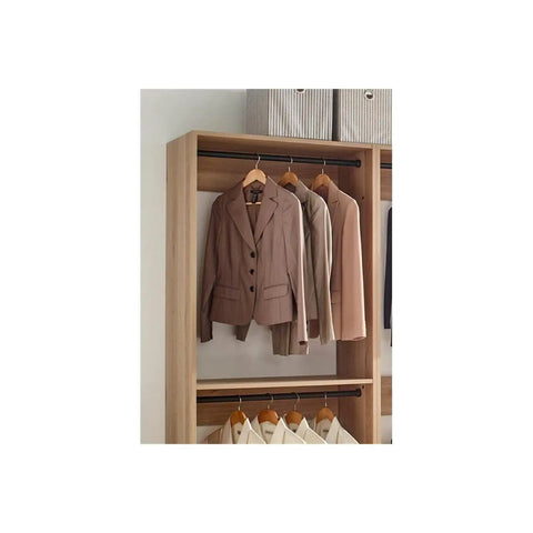 Custom Walk In Closet System With Sturdy Wooden Drawers And Flexible Shelves Modular Wardrobe Organizer featuring hanging blazers on rods.