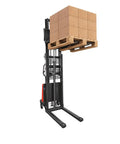 Heavy Duty Carbon Steel Semi Electric Pallet Stacker With 1.6KW Motor And 3500 Lb Capacity lifting pallet of boxes in a warehouse.