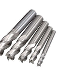 Set of five square-nose end mills with straight shanks in sizes 3/16, 5/32, 7/16, 1/2 and 9/16 inches.
