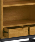 Oak Veneer Desk And 66 Inch Bookcase Set With Graphite Gray Metal Frame showing open drawers and shelves detail