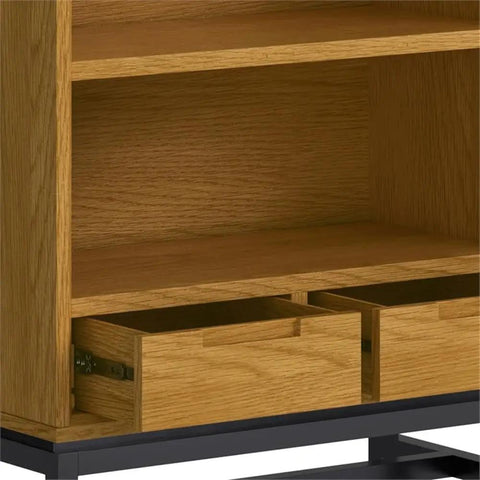 Oak Veneer Desk And 66 Inch Bookcase Set With Graphite Gray Metal Frame showing open drawers and shelves detail