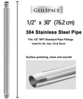 Heavy Duty Half Inch Stainless Steel Pipe Nipple, 30 Inches Long, Set Of 2, 304 Grade, NPT Standard Fits Half Inch Threaded Fittings, DIY Industrial Metal Tube, polished finish