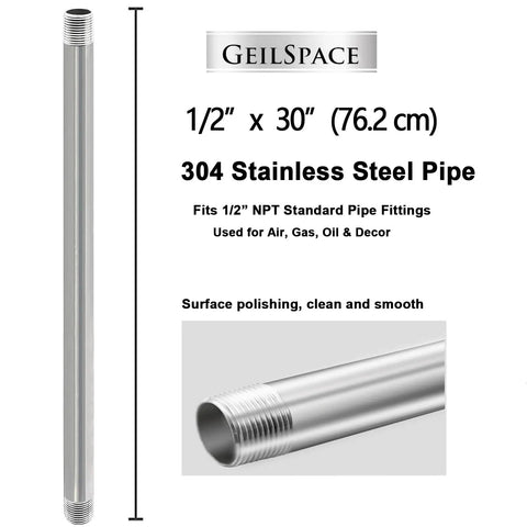 Heavy Duty Half Inch Stainless Steel Pipe Nipple, 30 Inches Long, Set Of 2, 304 Grade, NPT Standard Fits Half Inch Threaded Fittings, DIY Industrial Metal Tube, polished finish