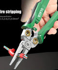 Close-up of 8 In 1 Wire Stripping Pliers With Built In Voltage Tester 12V To 250V in hand, cutting cables, green and black handle