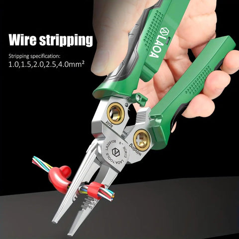 Close-up of 8 In 1 Wire Stripping Pliers With Built In Voltage Tester 12V To 250V in hand, cutting cables, green and black handle