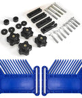 Workhorse Stackable Featherboard Rig For Table Saw Router And Bandsaw With Tight Lock Anti Kickback Bar T Track Mount Blue Grip Handles No Sweat Setup accessories including black knobs and blue featherboards.