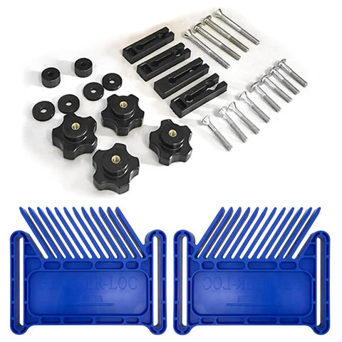 Workhorse Stackable Featherboard Rig For Table Saw Router And Bandsaw With Tight Lock Anti Kickback Bar T Track Mount Blue Grip Handles No Sweat Setup accessories including black knobs and blue featherboards.