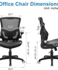 All Day Comfort Ergonomic Office Chair With Swivel Mesh Back PU Leather Seat illustrated with dimensions and angles.