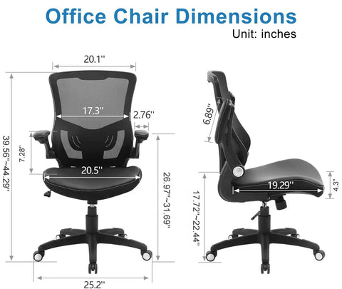 All Day Comfort Ergonomic Office Chair With Swivel Mesh Back PU Leather Seat illustrated with dimensions and angles.