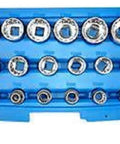 Boss Level 3/8 Inch Drive Penta Spline Socket Set With Sae Metric Sizes And E Torx Compatibility Crv Steel Mirror Polish in storage case.