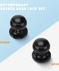 Matte Black Door Knob Set 6 Pack Round Interior Door Handles exterior and interior views, non-locking passage knobs.