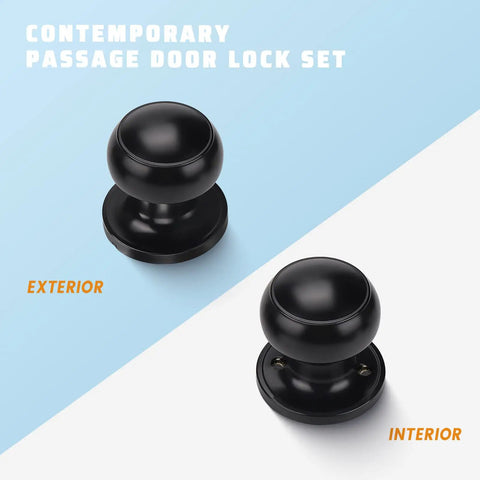 Matte Black Door Knob Set 6 Pack Round Interior Door Handles exterior and interior views, non-locking passage knobs.