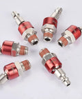 Pro Grade 1/4 Inch Swivel Air Plug Set 6 Pack Steel Red Swivel Air Hose Fittings NPT Male Threads Pre Coated With Sealing For Leak Free Connections Up To 300 PSI High Pressure Keeps Hoses Stable At Any Angle. 6 red steel swivel air plugs shown
