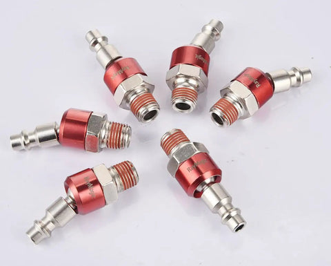 Pro Grade 1/4 Inch Swivel Air Plug Set 6 Pack Steel Red Swivel Air Hose Fittings NPT Male Threads Pre Coated With Sealing For Leak Free Connections Up To 300 PSI High Pressure Keeps Hoses Stable At Any Angle. 6 red steel swivel air plugs shown