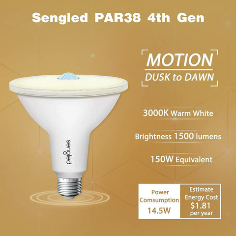 Outdoor Flood Light Bulbs Motion Activated PAR38 LED With Dusk To Dawn Sensor displayed with features