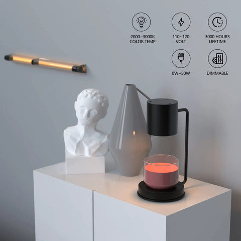 Modern room with sculpture, black lamp highlighting product specs like 2000-3000K color temp and dimmable features on a wall display.