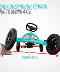 Front view of Pedal Go Kart For Kids And Adults With Adjustable Seat And BFR System highlighting swing axle over rocks