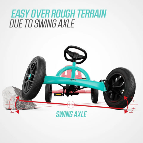 Front view of Pedal Go Kart For Kids And Adults With Adjustable Seat And BFR System highlighting swing axle over rocks