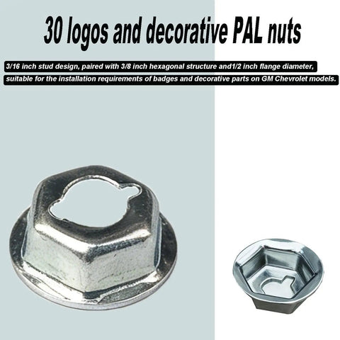 Solid Galvanized Pal Nuts For Gm Chevrolet Emblem And Trim Hardware With Three Eighths Inch Hex Flange, 3/16 inch stud, shown in close-up.