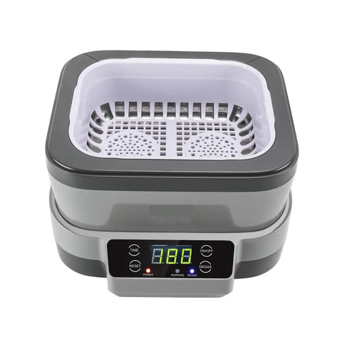 Top Shelf 1.2 Liter Ultrasonic Cleaner Featuring Slick Stainless Steel Tank And Easy Touch Controls For Knockout Results On Jewelry Watches Rings And Cosmetics, top view showing digital screen.