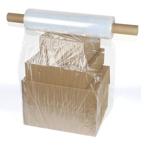 Heavy Duty Industrial Clear Stretch Wrap 4 Rolls 15 Inch Wide By 1000 Feet 80 Gauge Workhorse Grade Pallet Shrink Wrapping Roll With Long Inner Core For Moving And Securing wrapped around stacked boxes.