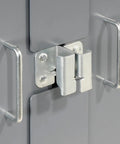 Bulletproof lock hasp detail on the Badass Heavy Duty Deep Door Bin Cabinet for secure storage in garage workspaces.