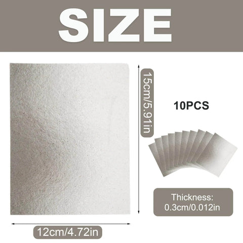 Image of 10 Piece Microwave Waveguide Covers Set 5.9 by 4.7 inches, showing dimensions and thickness of mica sheets with 10 pieces displayed.
